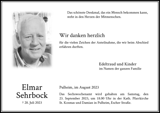 Anzeige von Elmar Sehrbock von Kölner Stadt-Anzeiger / Kölnische Rundschau / Express