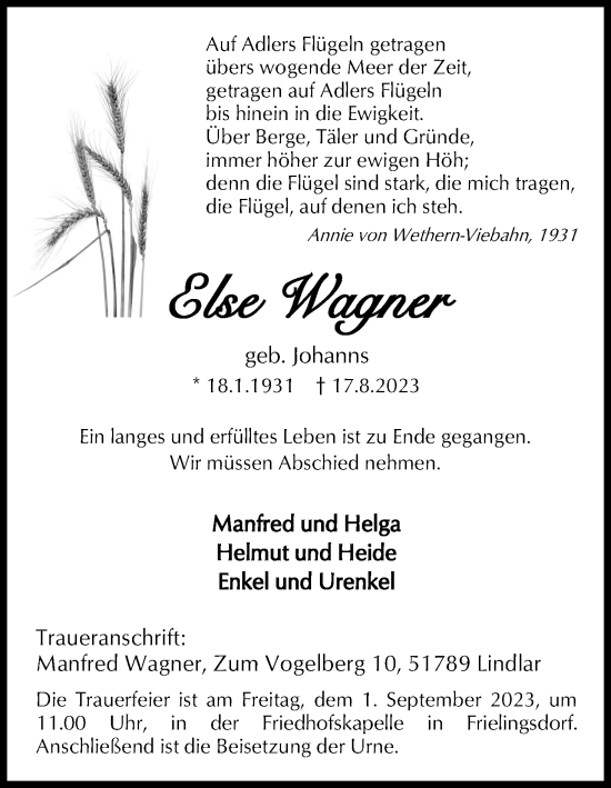 Anzeige von Else Wagner von Kölner Stadt-Anzeiger / Kölnische Rundschau / Express