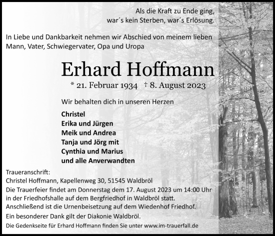 Anzeige von Erhard Hoffmann von  Lokalanzeiger 