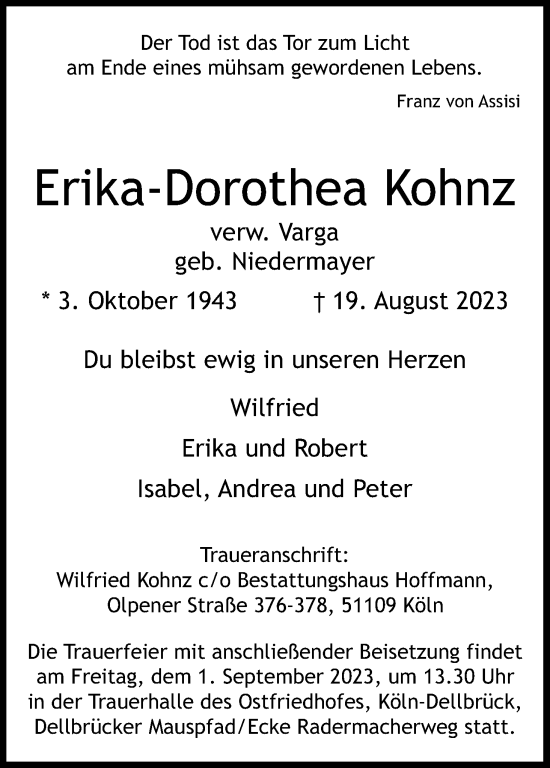 Anzeige von Erika-Dorothea Kohnz von Kölner Stadt-Anzeiger / Kölnische Rundschau / Express