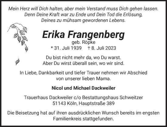Anzeige von Erika Frangenberg von  EXPRESS - Die Woche 