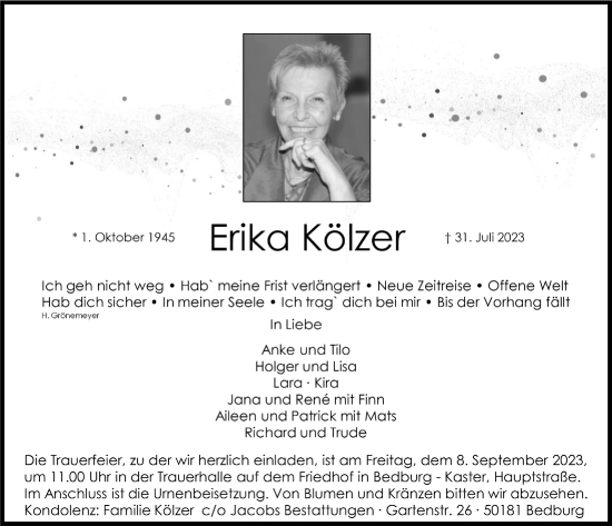 Anzeige von Erika Kölzer von  Werbepost 