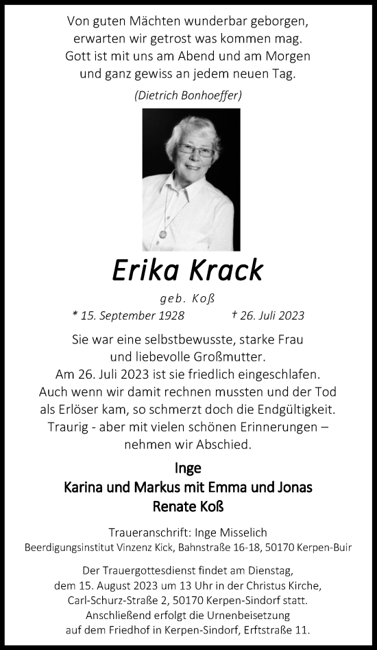 Anzeige von Erika Krack von Kölner Stadt-Anzeiger / Kölnische Rundschau / Express