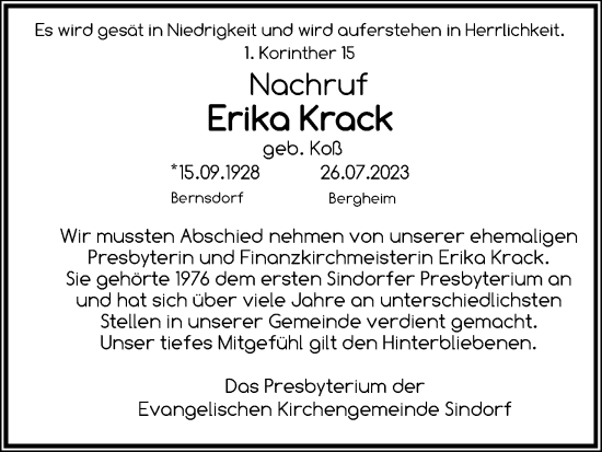 Anzeige von Erika Krack von Kölner Stadt-Anzeiger / Kölnische Rundschau / Express