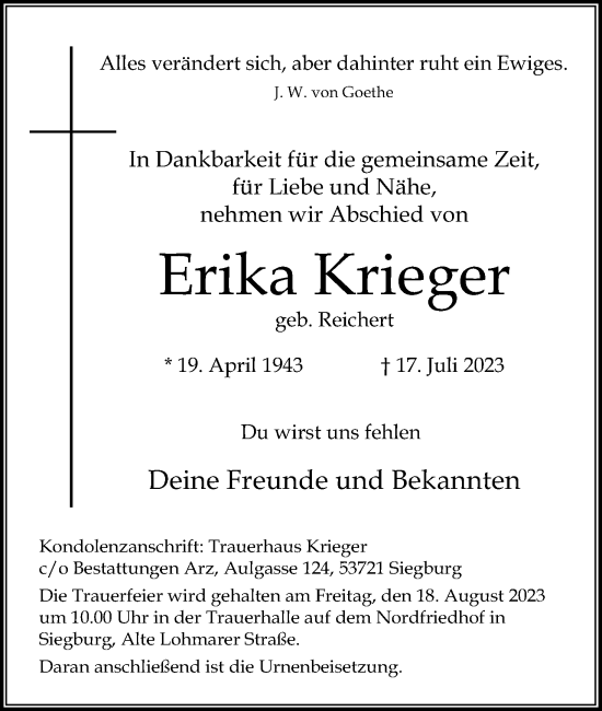 Anzeige von Erika Krieger von Kölner Stadt-Anzeiger / Kölnische Rundschau / Express