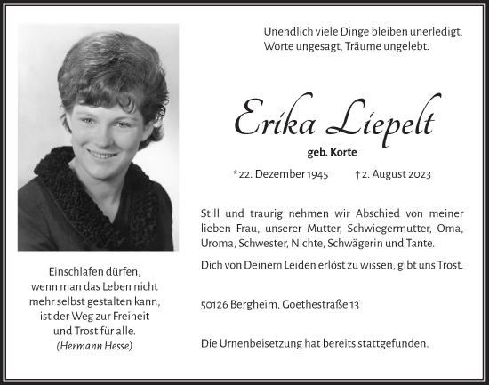 Anzeige von Erika Liepelt von  Werbepost 