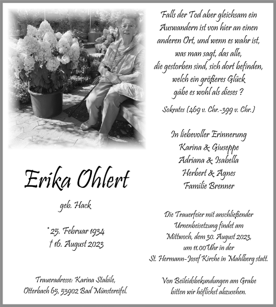 Anzeige von Erika Ohlert von  Blickpunkt Euskirchen 