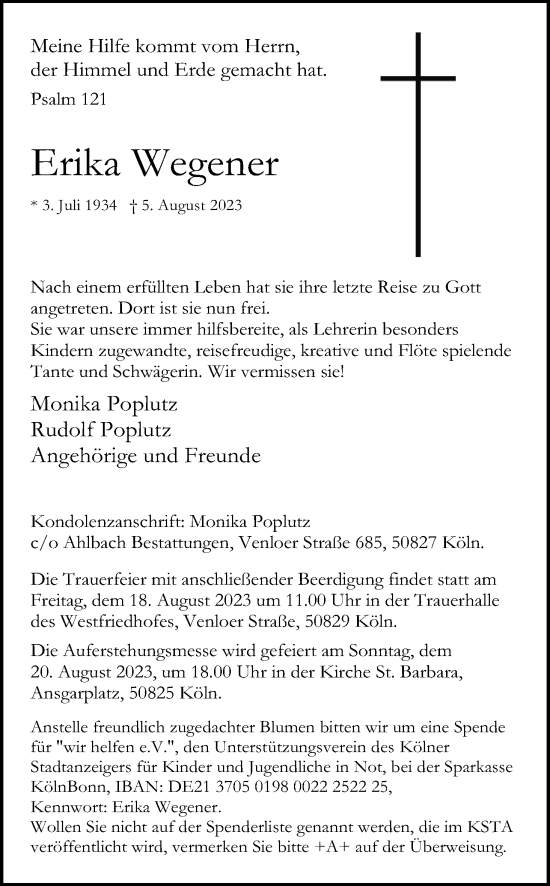 Anzeige von Erika Wegener von Kölner Stadt-Anzeiger / Kölnische Rundschau / Express