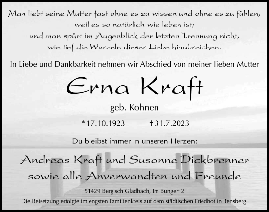 Anzeige von Erna Kraft von  Bergisches Handelsblatt 
