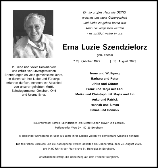 Anzeige von Erna Luzie Szendzielorz von Kölner Stadt-Anzeiger / Kölnische Rundschau / Express