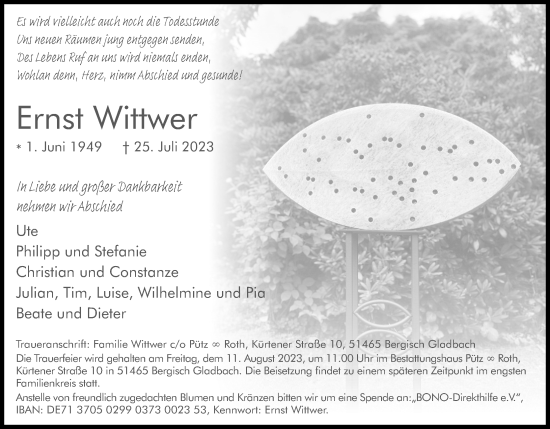 Anzeige von Ernst Wittwer von Kölner Stadt-Anzeiger / Kölnische Rundschau / Express