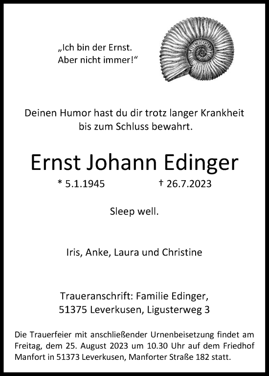 Anzeige von Ernst Johann Edinger von Kölner Stadt-Anzeiger / Kölnische Rundschau / Express