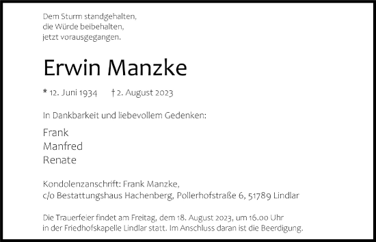 Anzeige von Erwin Manzke von  Anzeigen Echo 