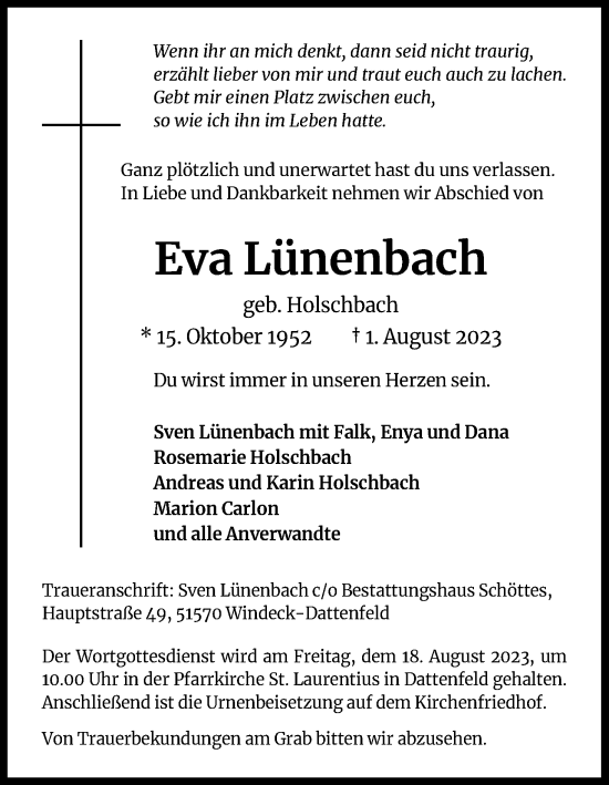 Anzeige von Eva Lünenbach von Kölner Stadt-Anzeiger / Kölnische Rundschau / Express