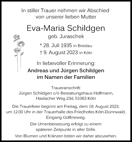 Anzeige von Eva-Maria Schildgen von Kölner Stadt-Anzeiger / Kölnische Rundschau / Express