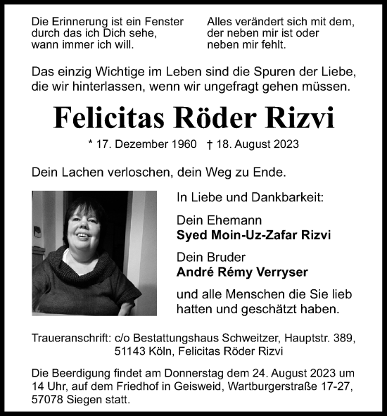 Anzeige von Felicitas Röder Rizvi von Kölner Stadt-Anzeiger / Kölnische Rundschau / Express
