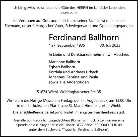 Anzeige von Ferdinand Ballhorn von Kölner Stadt-Anzeiger / Kölnische Rundschau / Express