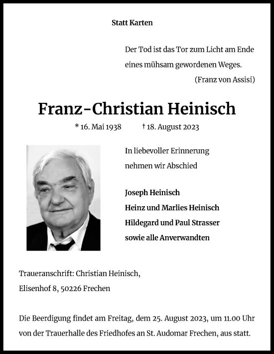 Anzeige von Franz-Christian Heinisch von Kölner Stadt-Anzeiger / Kölnische Rundschau / Express