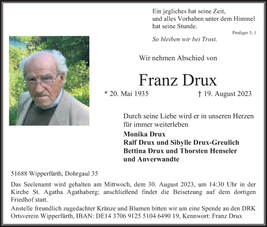 Anzeige von Franz Drux von Kölner Stadt-Anzeiger / Kölnische Rundschau / Express