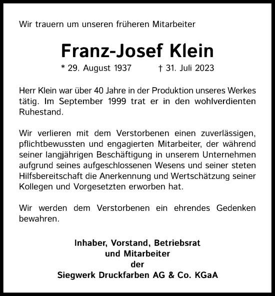 Anzeige von Franz-Josef Klein von Kölner Stadt-Anzeiger / Kölnische Rundschau / Express