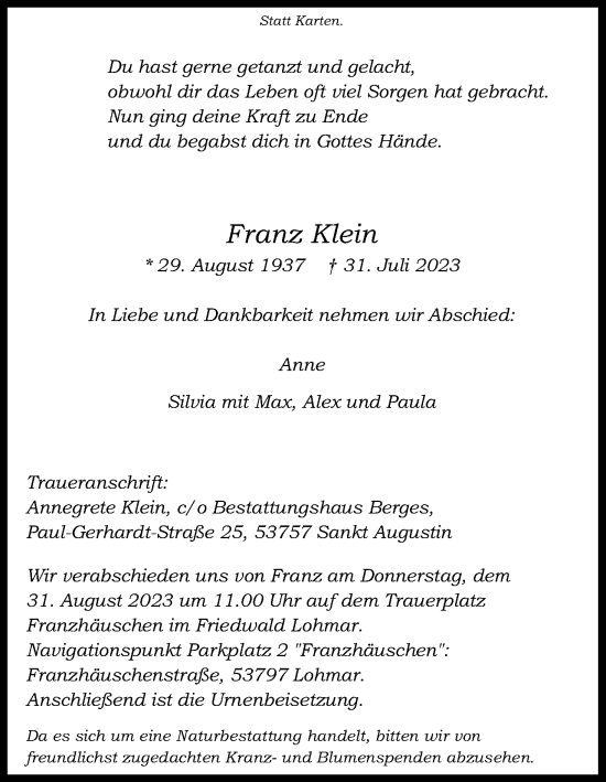 Anzeige von Franz Klein von Kölner Stadt-Anzeiger / Kölnische Rundschau / Express