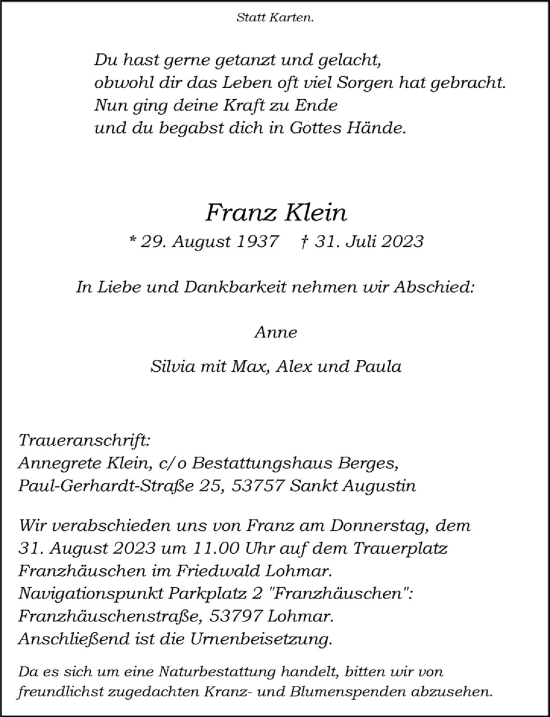 Anzeige von Franz Klein von  Extra Blatt 