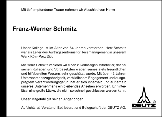 Anzeige von Franz-Werner Schmitz von Kölner Stadt-Anzeiger / Kölnische Rundschau / Express