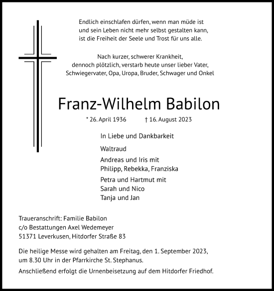 Anzeige von Franz-Wilhelm Babilon von Kölner Stadt-Anzeiger / Kölnische Rundschau / Express