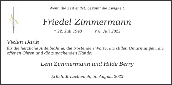 Anzeige von Friedel Zimmermann von Kölner Stadt-Anzeiger / Kölnische Rundschau / Express