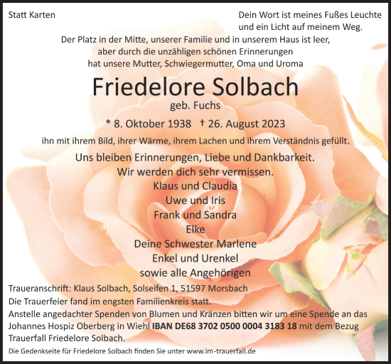 Anzeige von Friedelore Solbach von  Lokalanzeiger 