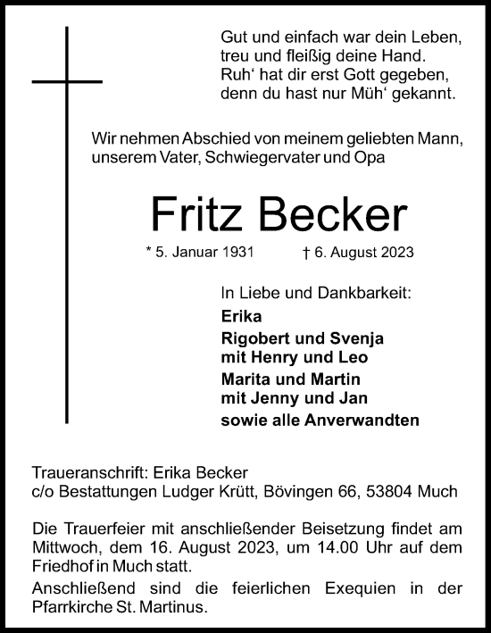 Anzeige von Fritz Becker von Kölner Stadt-Anzeiger / Kölnische Rundschau / Express