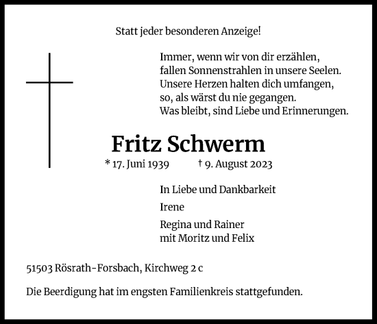 Anzeige von Fritz Schwerm von Kölner Stadt-Anzeiger / Kölnische Rundschau / Express
