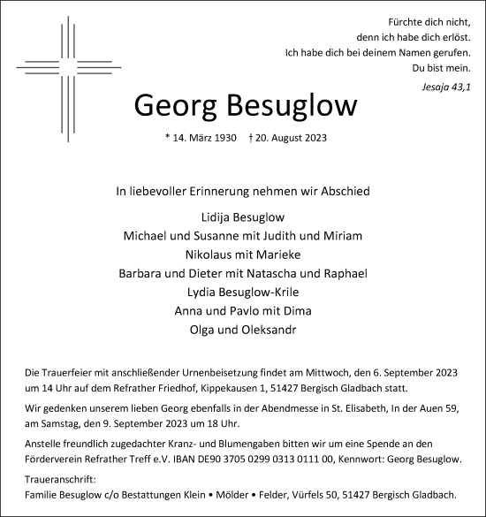 Anzeige von Georg Besuglow von Kölner Stadt-Anzeiger / Kölnische Rundschau / Express