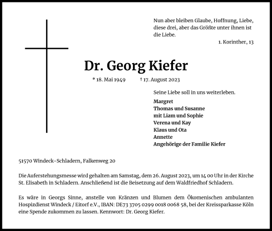 Anzeige von Georg Kiefer von Kölner Stadt-Anzeiger / Kölnische Rundschau / Express