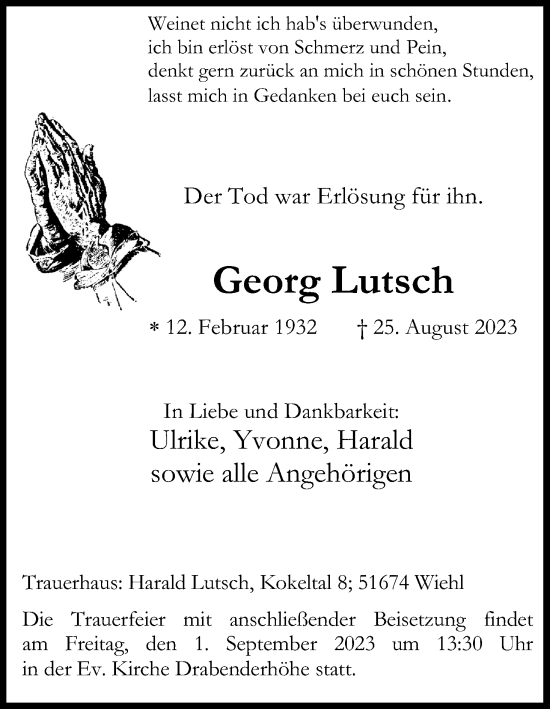 Anzeige von Georg Lutsch von Kölner Stadt-Anzeiger / Kölnische Rundschau / Express