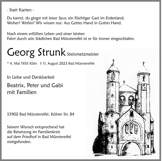 Anzeige von Georg Strunk von Kölner Stadt-Anzeiger / Kölnische Rundschau / Express