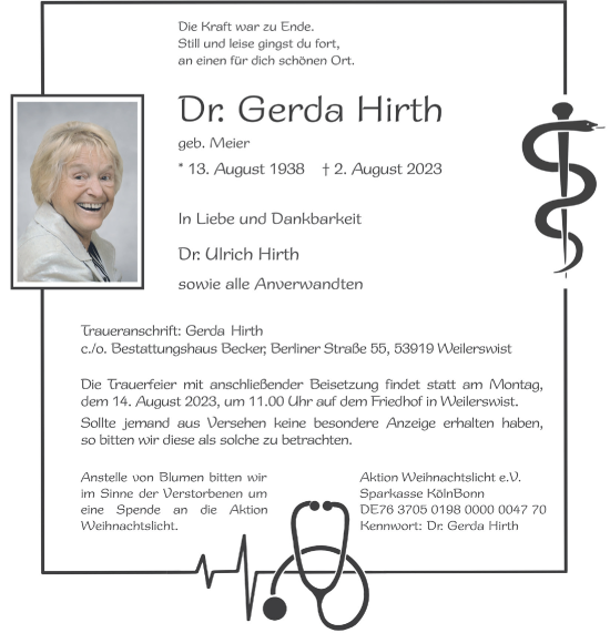 Anzeige von Gerda Hirth von  Blickpunkt Euskirchen 