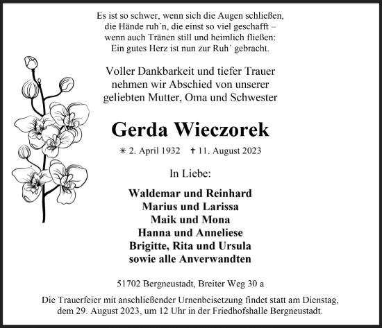 Anzeige von Gerda Wieczorek von  Anzeigen Echo 