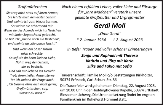 Anzeige von Gerdi Moll von  Werbepost 