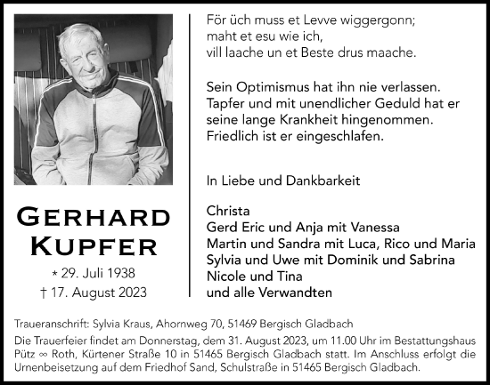 Anzeige von Gerhard Kupfer von  Bergisches Handelsblatt 