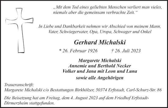 Anzeige von Gerhard Michalski von  Werbepost 