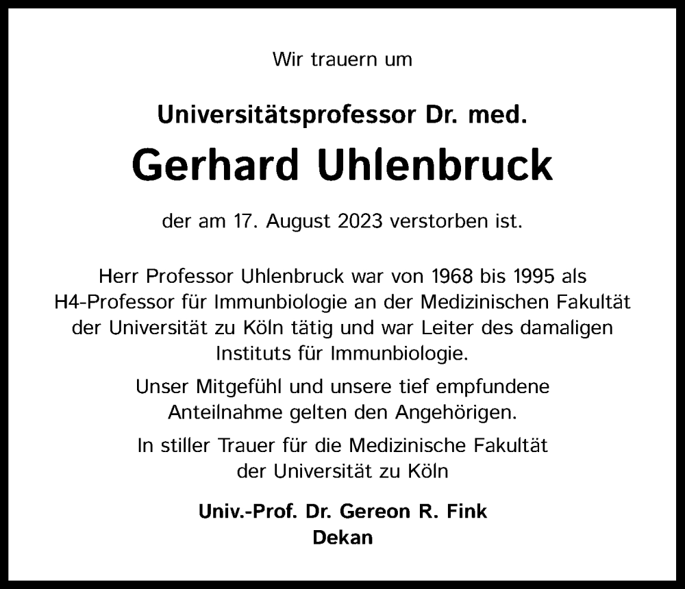  Traueranzeige für Gerhard Uhlenbruck vom 01.09.2023 aus Kölner Stadt-Anzeiger / Kölnische Rundschau / Express