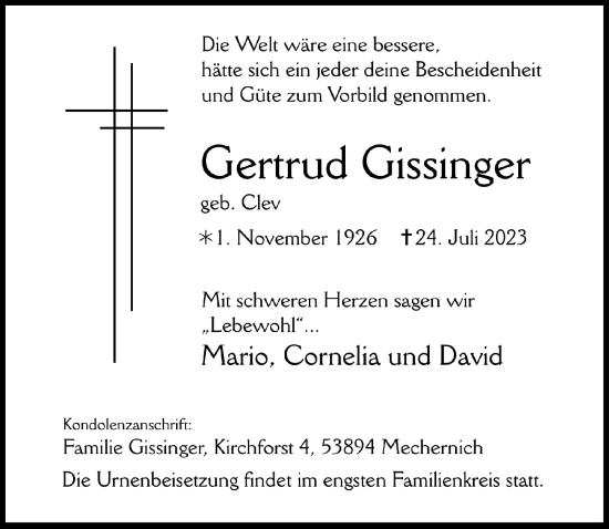 Anzeige von Gertrud Gissinger von  Blickpunkt Euskirchen 