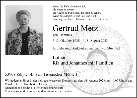 Anzeige von Gertrud Metz von  Blickpunkt Euskirchen 
