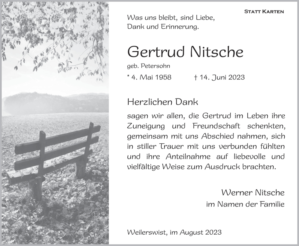  Traueranzeige für Gertrud Nitsche vom 05.08.2023 aus  Blickpunkt Euskirchen 