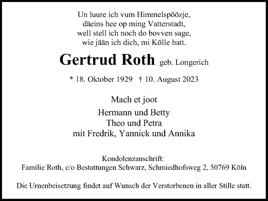 Anzeige von Gertrud Roth von Kölner Stadt-Anzeiger / Kölnische Rundschau / Express