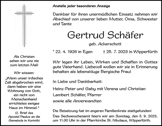 Anzeige von Gertrud Schäfer von Kölner Stadt-Anzeiger / Kölnische Rundschau / Express
