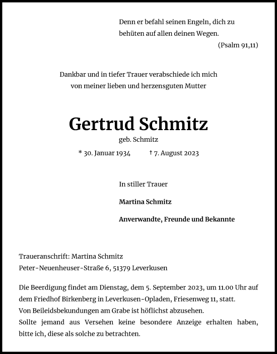 Anzeige von Gertrud Schmitz von Kölner Stadt-Anzeiger / Kölnische Rundschau / Express