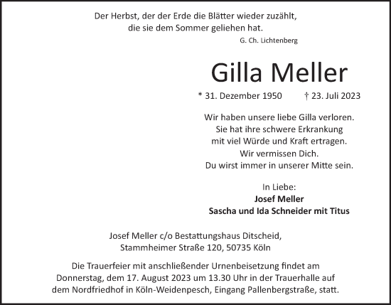 Anzeige von Gilla Meller von Kölner Stadt-Anzeiger / Kölnische Rundschau / Express