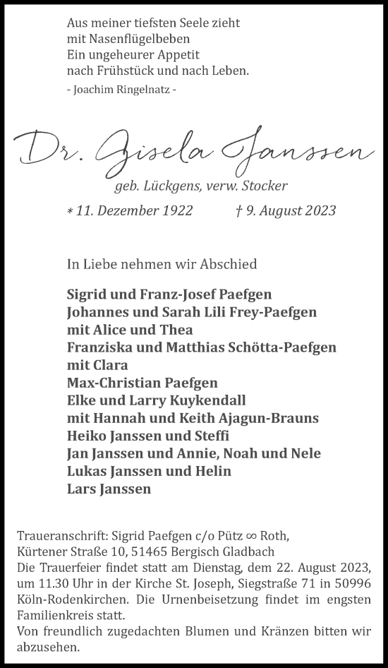 Anzeige von Gisela Janssen von Kölner Stadt-Anzeiger / Kölnische Rundschau / Express